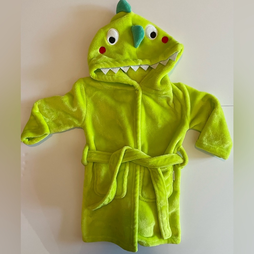 Lolanta Hooded Bathrobe With Tie & Pockets Green Dinosaur Boys Size Small EUC